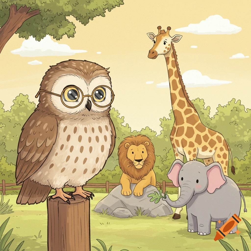 A cartoon owl wearing glasses perched on a wooden post, with a lion, giraffe, and elephant in a sunny zoo setting.
