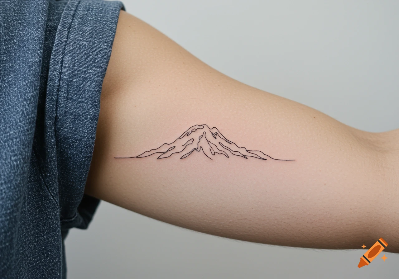 A minimalist single-line tattoo of a mountain range on a person's arm.