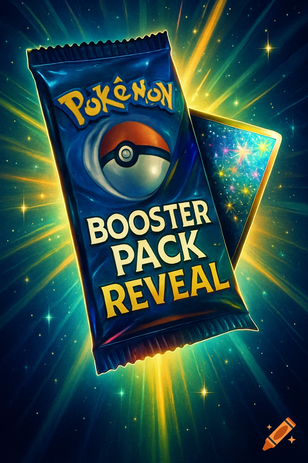 A vibrant illustration of a Pok esemono booster pack revealing a sparkling rare card against a starry background.