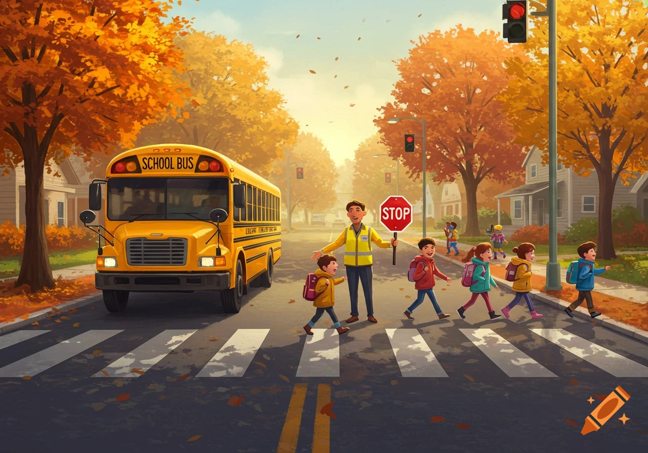 Illustrated autumn scene with a yellow school bus stopped, children crossing a street with a crossing guard holding a stop sign.