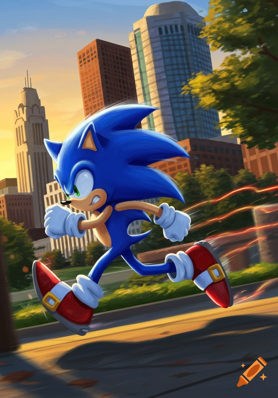 Sonic the Hedgehog dashes through a stylized city street at sunset, buildings behind him.