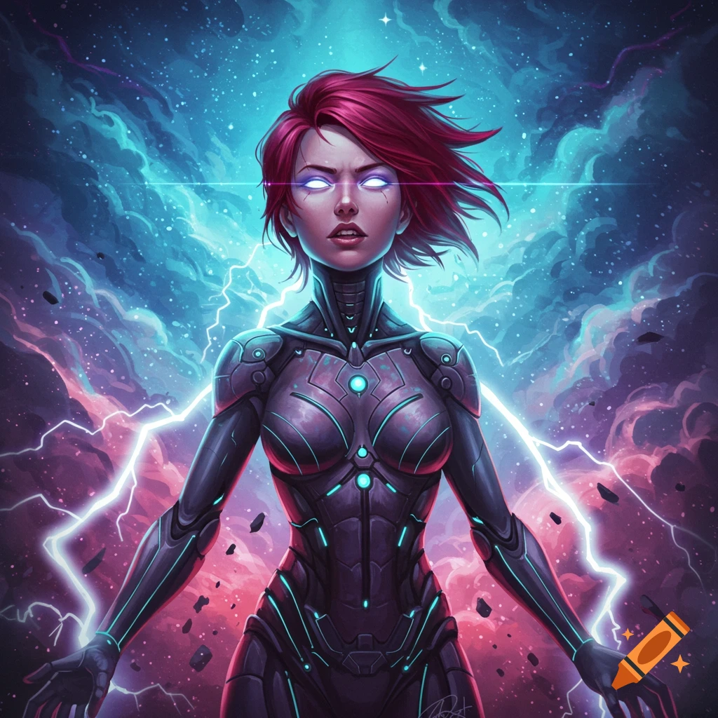 A female character with glowing eyes, short red hair, and a futuristic suit stands amidst cosmic clouds and lightning, in a digital art style.