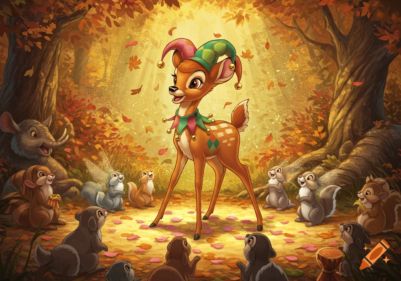 Bambi in a jester hat and collar stands in a golden autumn forest, surrounded by adoring woodland creatures.