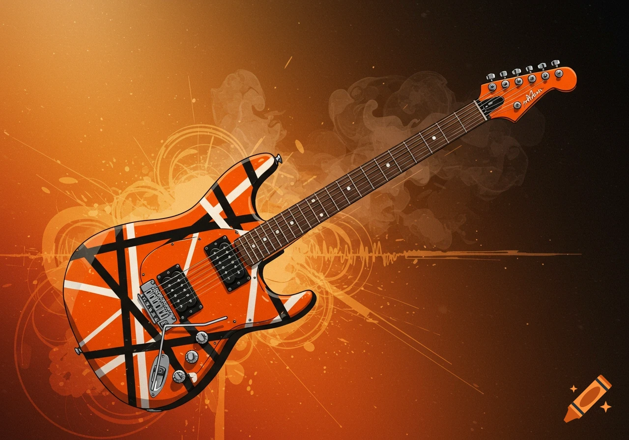 A stylized orange and black striped electric guitar on an orange and dark background with smoke and abstract patterns.