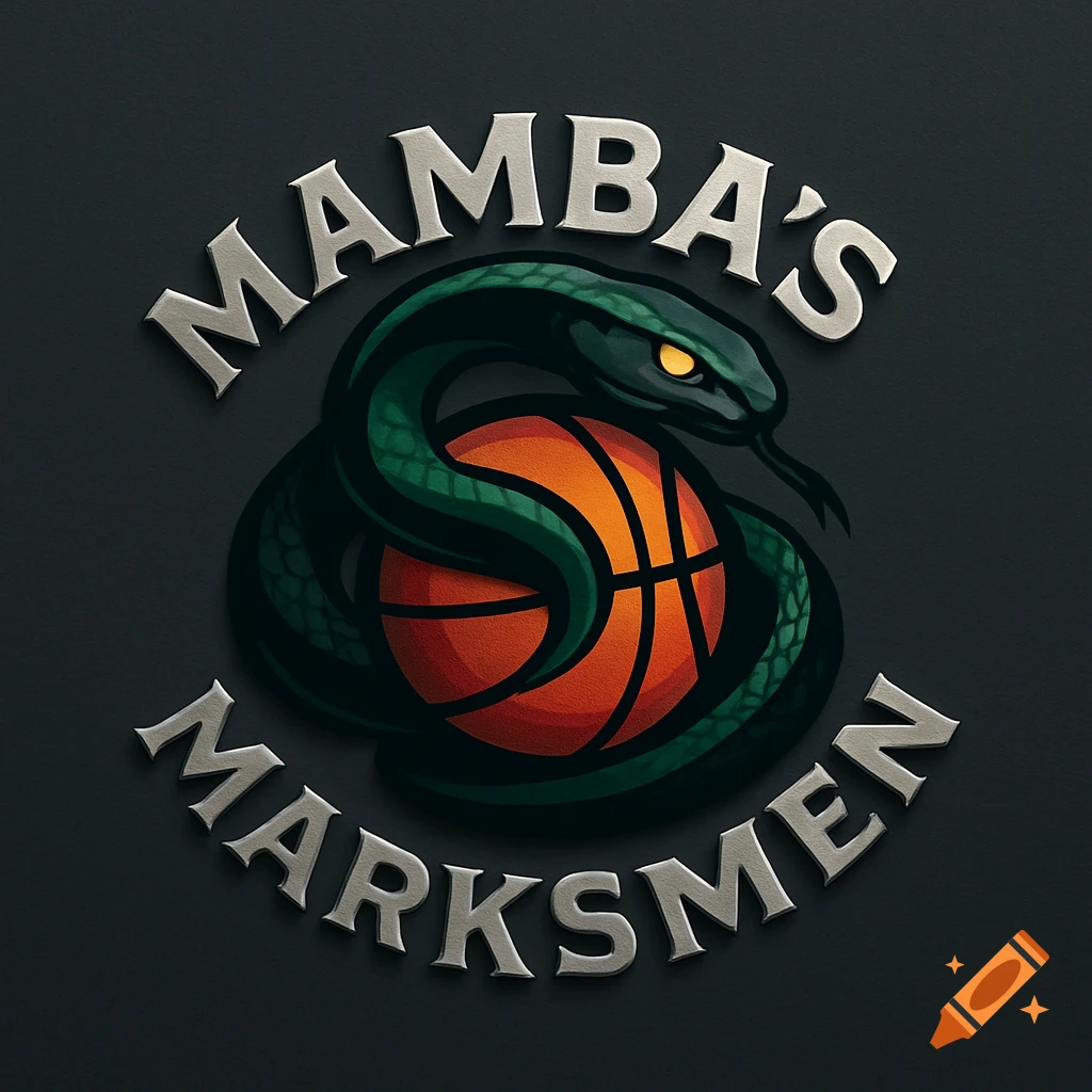 A logo featuring a green snake wrapped around an orange basketball, with "Mamba's Marksmen" text.