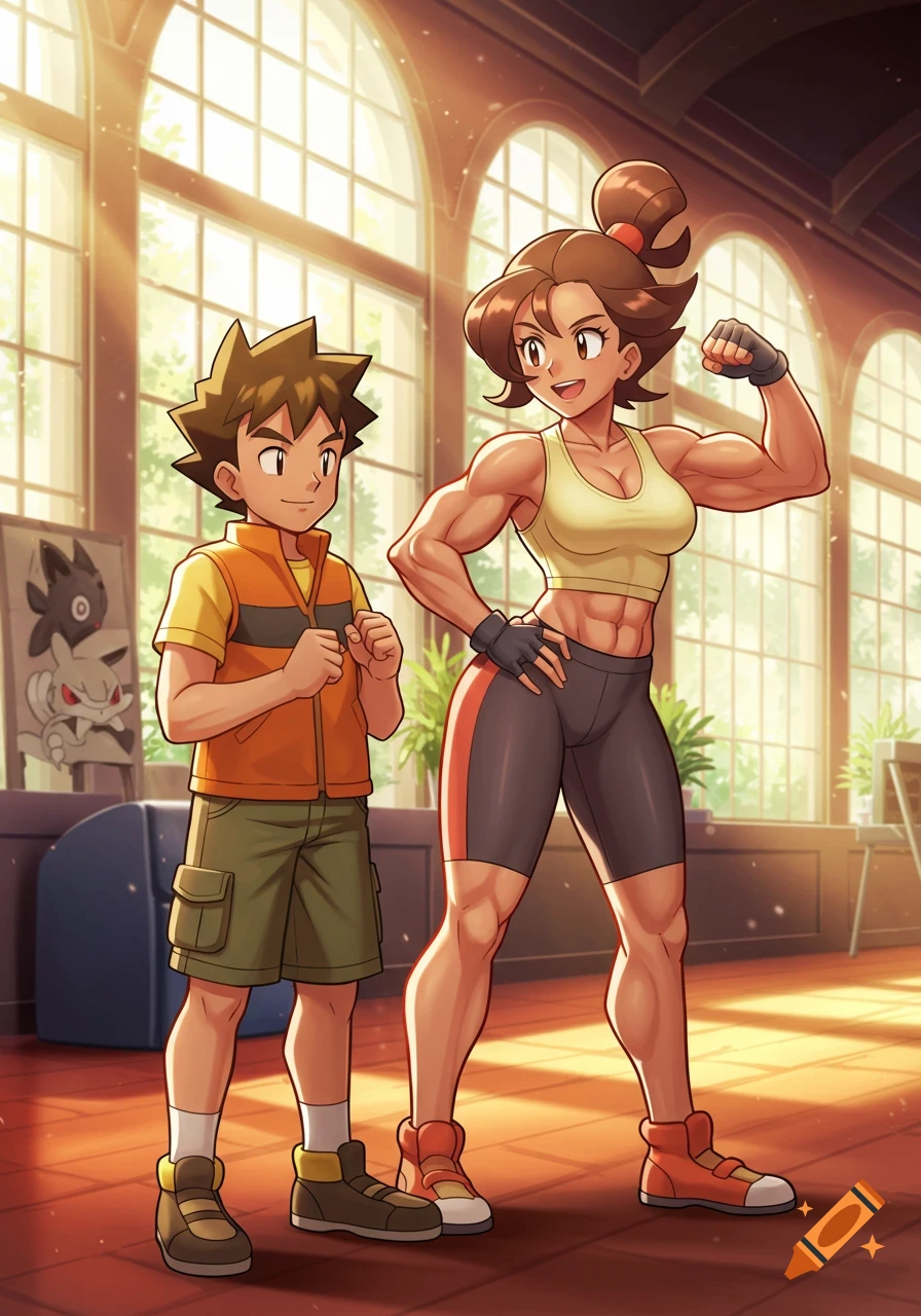 Anime depiction of a boy resembling Brock from Pokémon standing next to a muscular woman flexing her arm in a sunny gym.