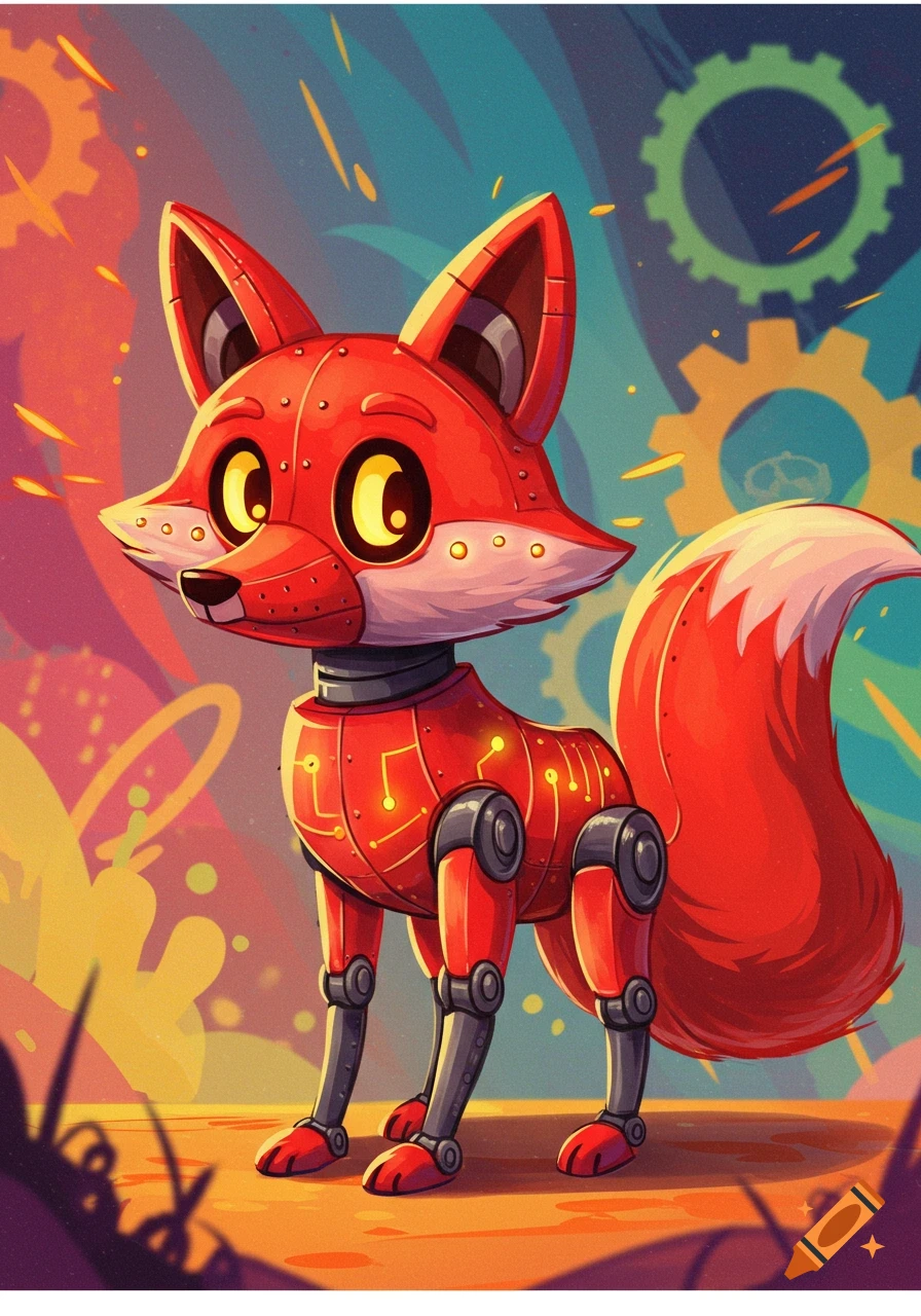 A cartoon-style red metal fox with circuit patterns and glowing yellow eyes stands in a vibrant, colorful mechanical landscape.