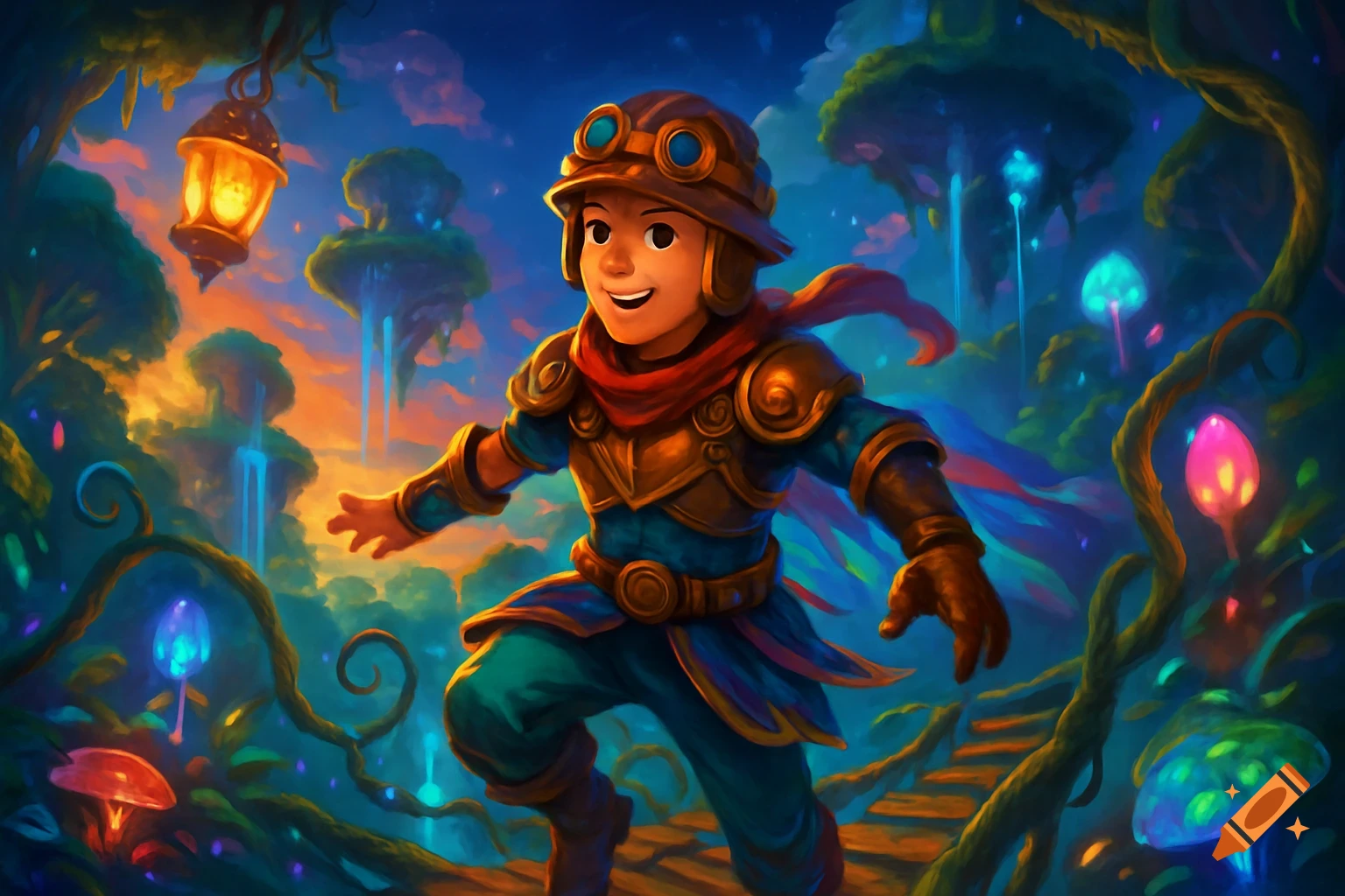A cartoon boy in armor and goggles runs through a vibrant fantasy forest with glowing mushrooms and floating islands.