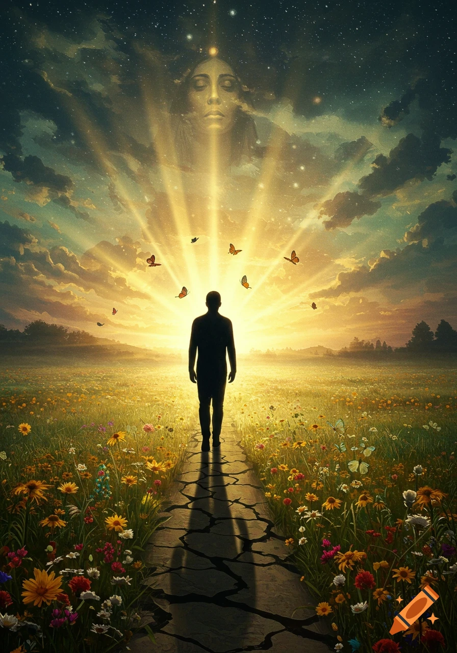 A silhouetted person walks on a cracked path through a field of wildflowers towards a glowing sunset, with a celestial face above.