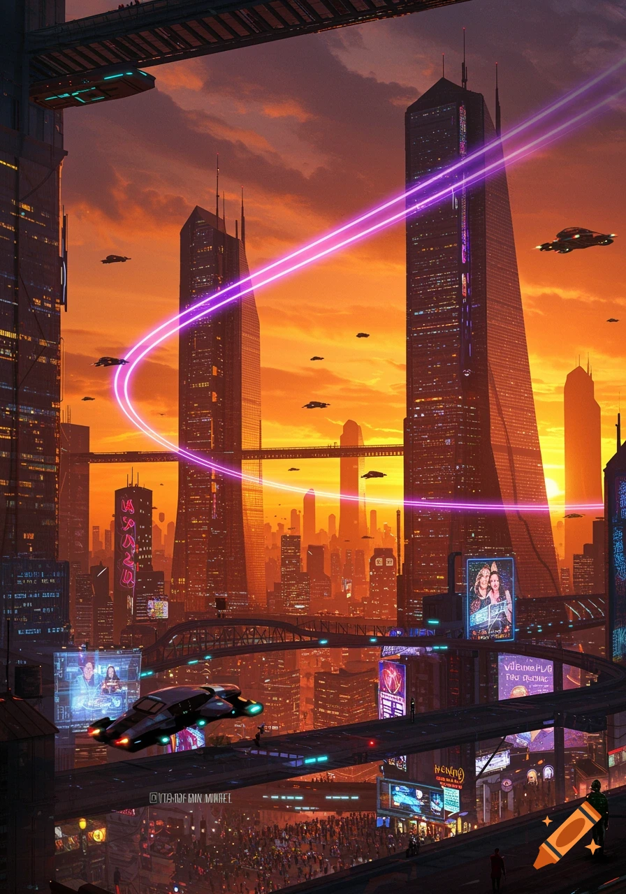 A vibrant futuristic city at sunset, with towering skyscrapers, elevated tracks, and flying cars navigating through the orange sky amidst glowing neon lights and bustling streets below.