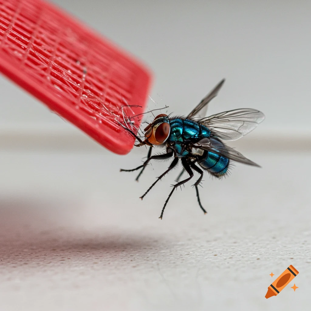 A close-up, photorealistic shot of a vibrant blue and green fly with red eyes caught on a red fly swatter.