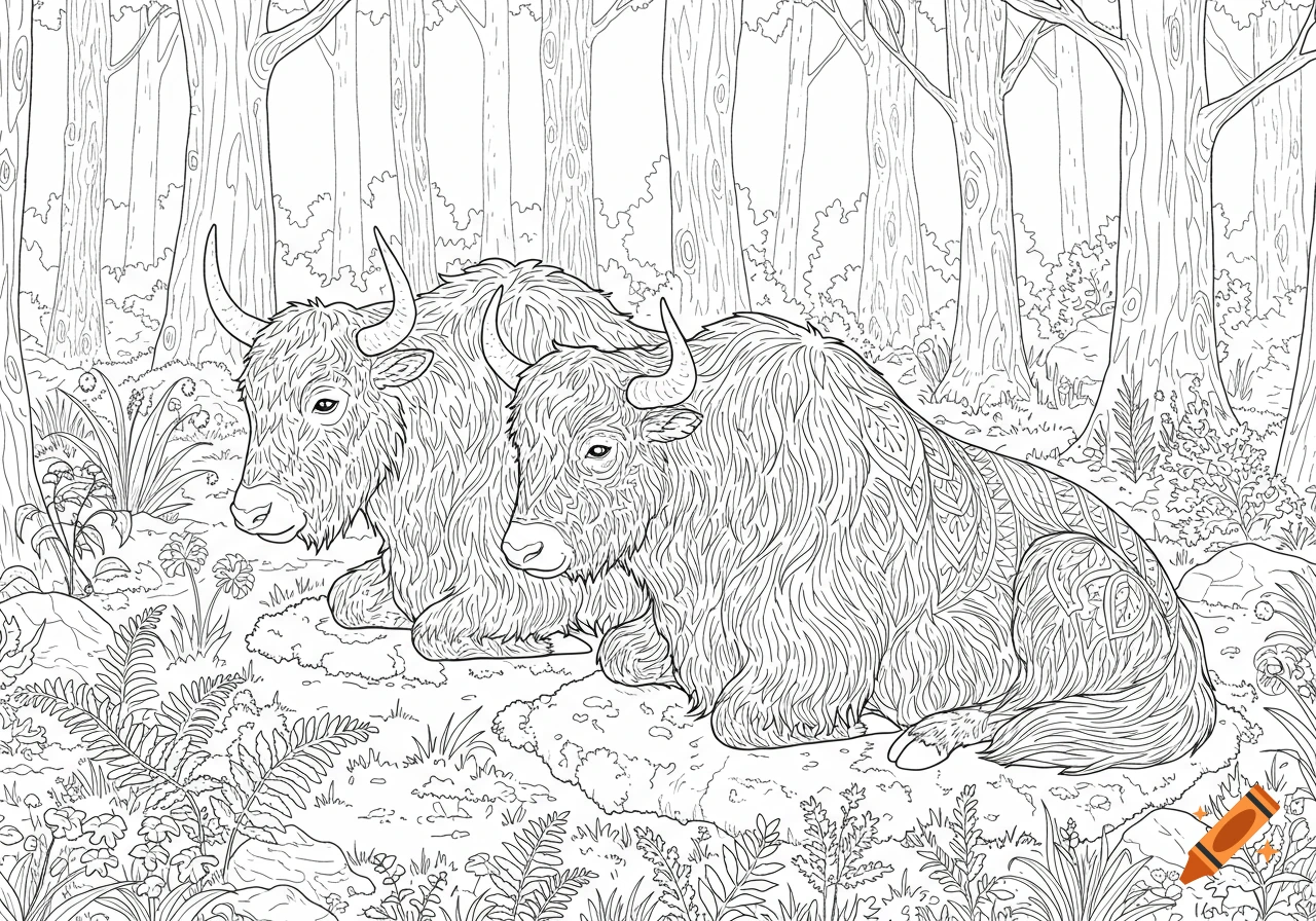 Black and white line drawing coloring page of two yaks lying on moss in a forest.