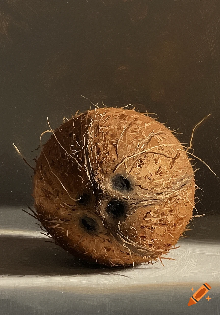 A still life oil painting of a single brown coconut with three dark eyes, dramatically lit, on a light surface against a dark background.