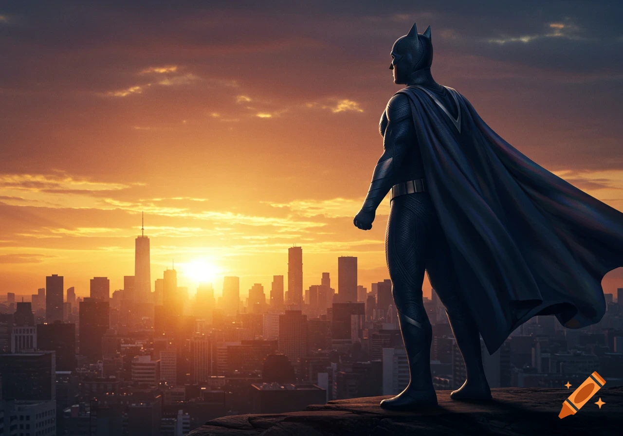 A superhero in a dark suit and cape stands on a rocky outcrop, looking out over a sprawling city at sunset.