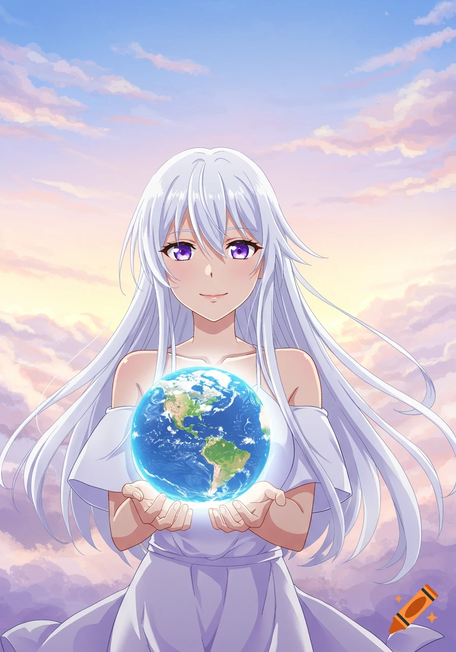 An anime woman with long white hair and purple eyes, wearing a white dress, gently holds the Earth in her hands against a soft, cloudy sky.