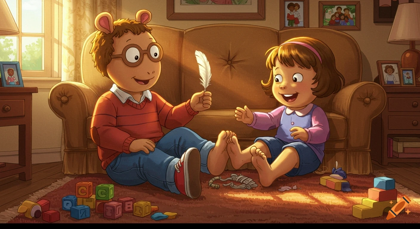 Arthur the aardvark tickles his sister D.W.'s foot with a feather while playing on a rug in a sunlit living room.