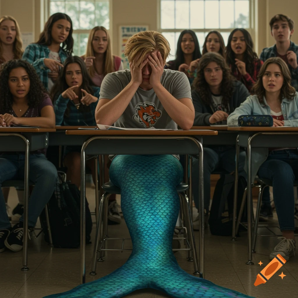 A blond merman student sits at his desk in a high school classroom, covering his face in embarrassment while other students point and stare at his unexpected transformation.