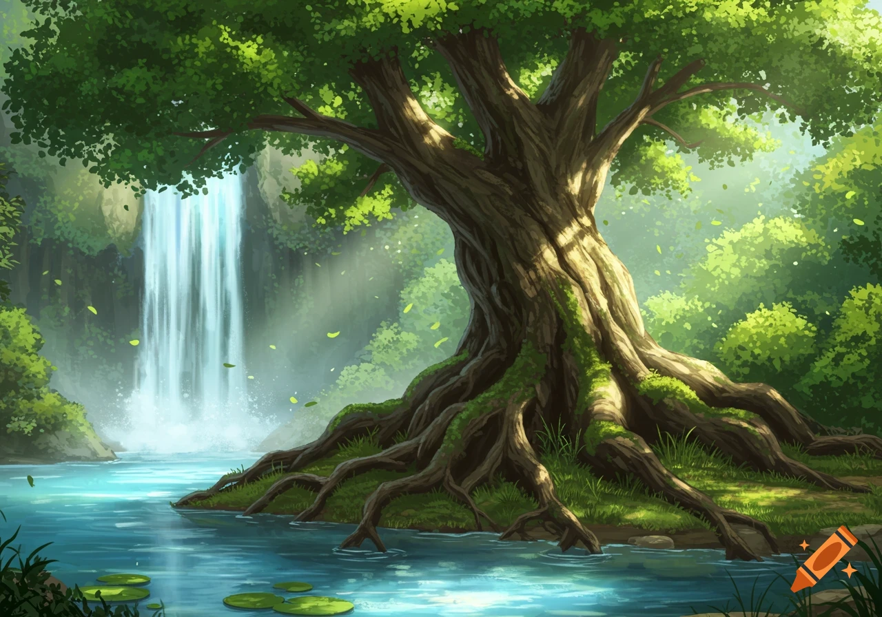 A vibrant, lush landscape features a large, ancient tree with sprawling roots beside a flowing waterfall and a clear river.