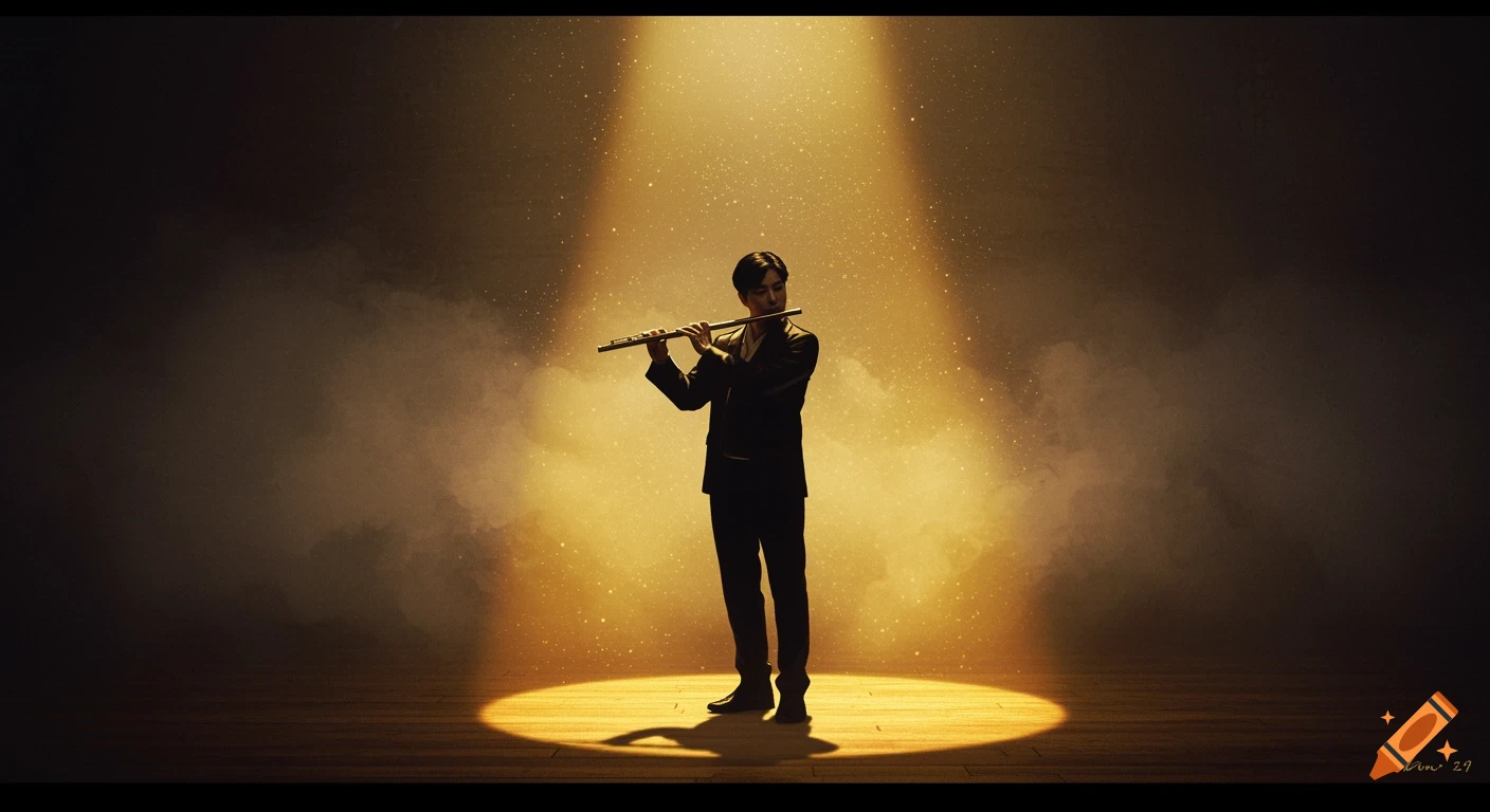 A man in a suit plays a flute on a dimly lit stage, illuminated by a golden spotlight with glowing particles and smoke.