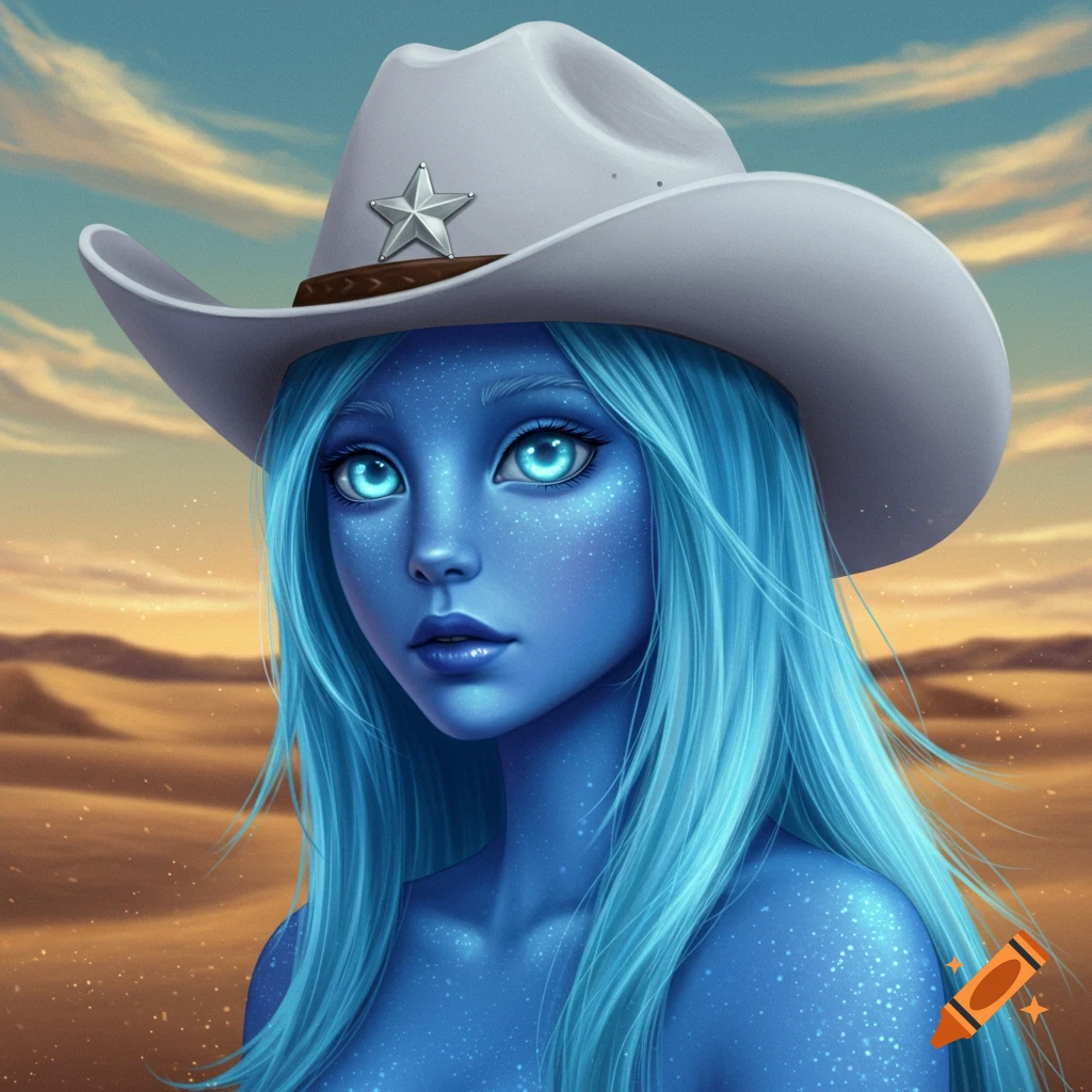 A stylized digital art portrait of a blue-skinned alien girl with long blue hair wearing a white cowboy hat in a desert setting.