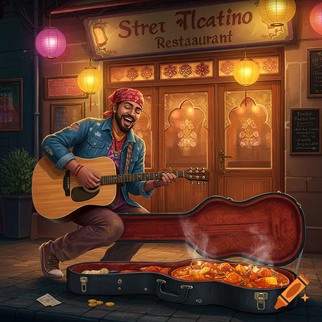 An illustrated man busking with a guitar outside an Indian restaurant, his open guitar case filled with curry and coins.