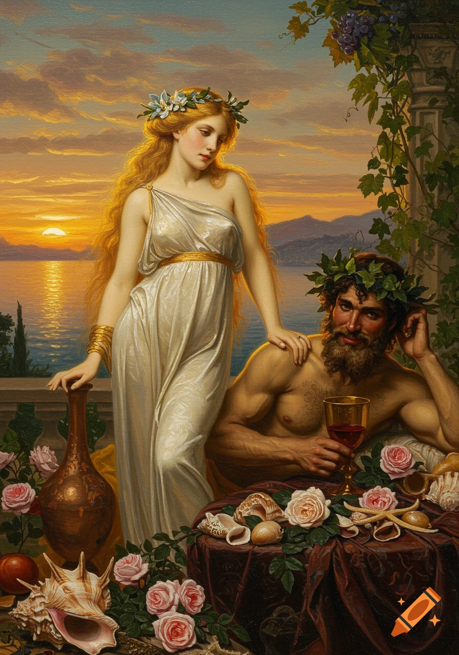 An oil painting in a classical style depicts Aphrodite standing, with golden hair and a silk gown, next to Dionysus reclining with a goblet of wine and an ivy crown, set against a Mediterranean sunset.