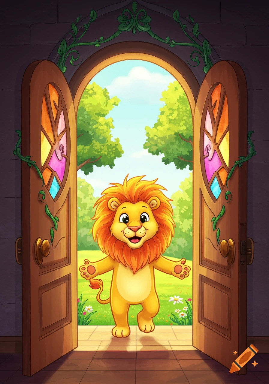 A cheerful cartoon lion stands in an open doorway with stained glass panels, looking out at a bright, green landscape.