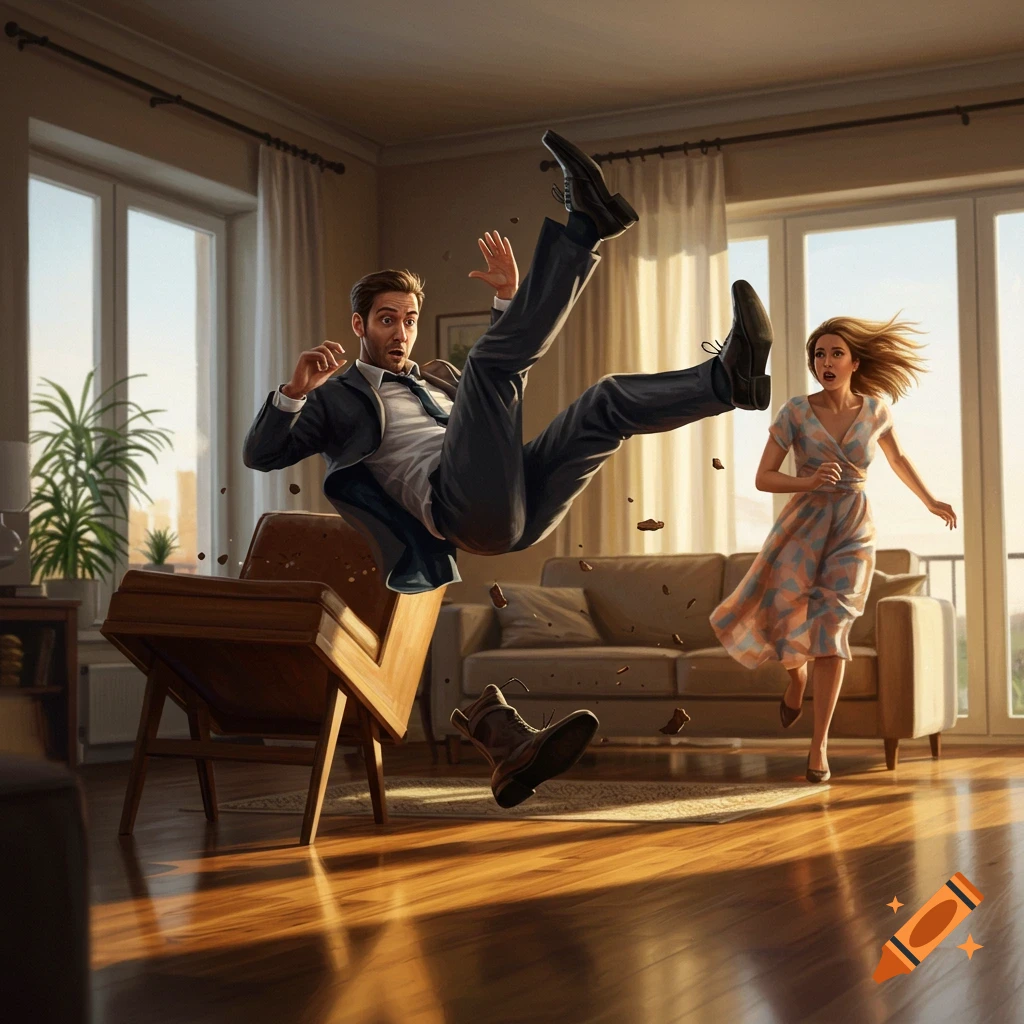 A man in a suit falls backward from a chair, legs up, with one shoe flying off, as a woman runs towards him in a living room.