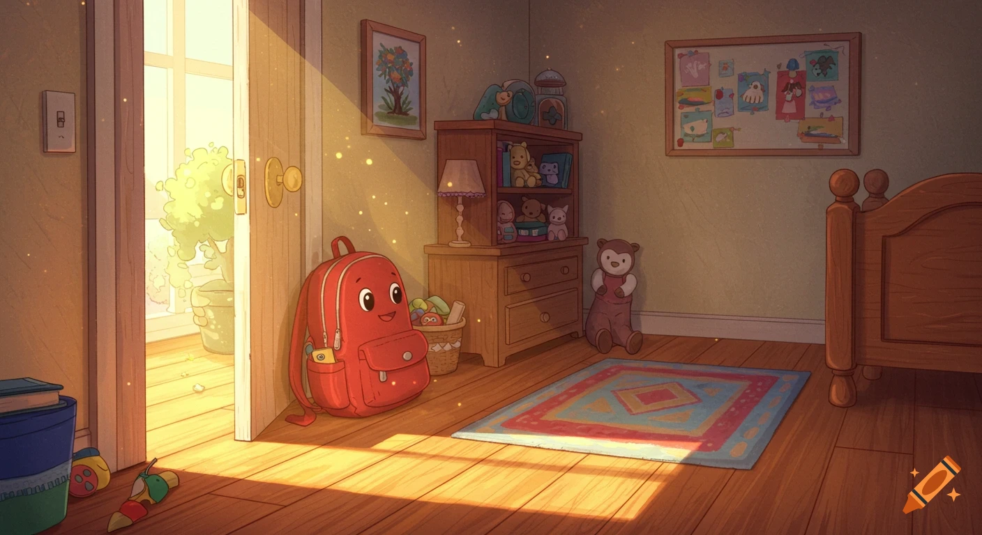 Whimsical children's bedroom illustration with a smiling red backpack by the door, golden light streaming from a window, and toys on a shelf.