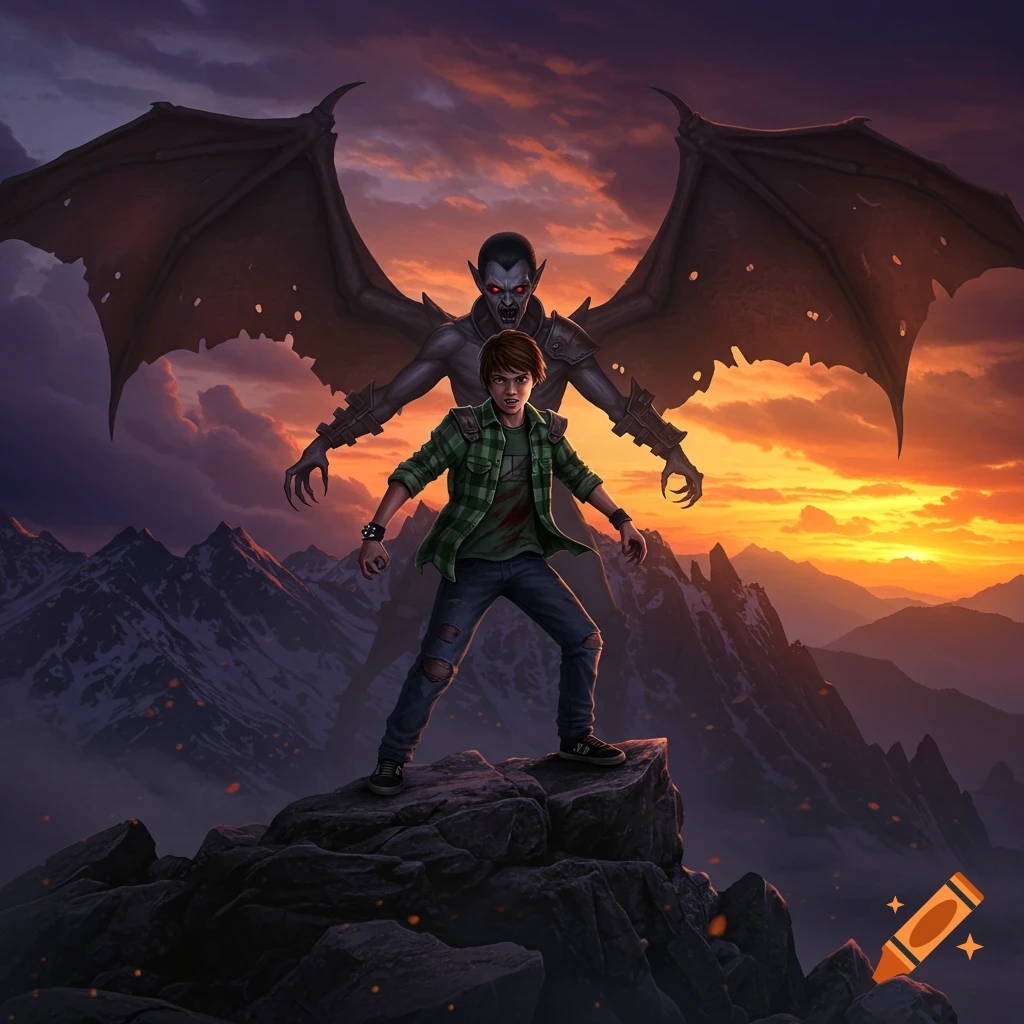 A teenage boy stands on a mountain peak with a large, winged vampire looming behind him against a dramatic orange and purple sunset sky.