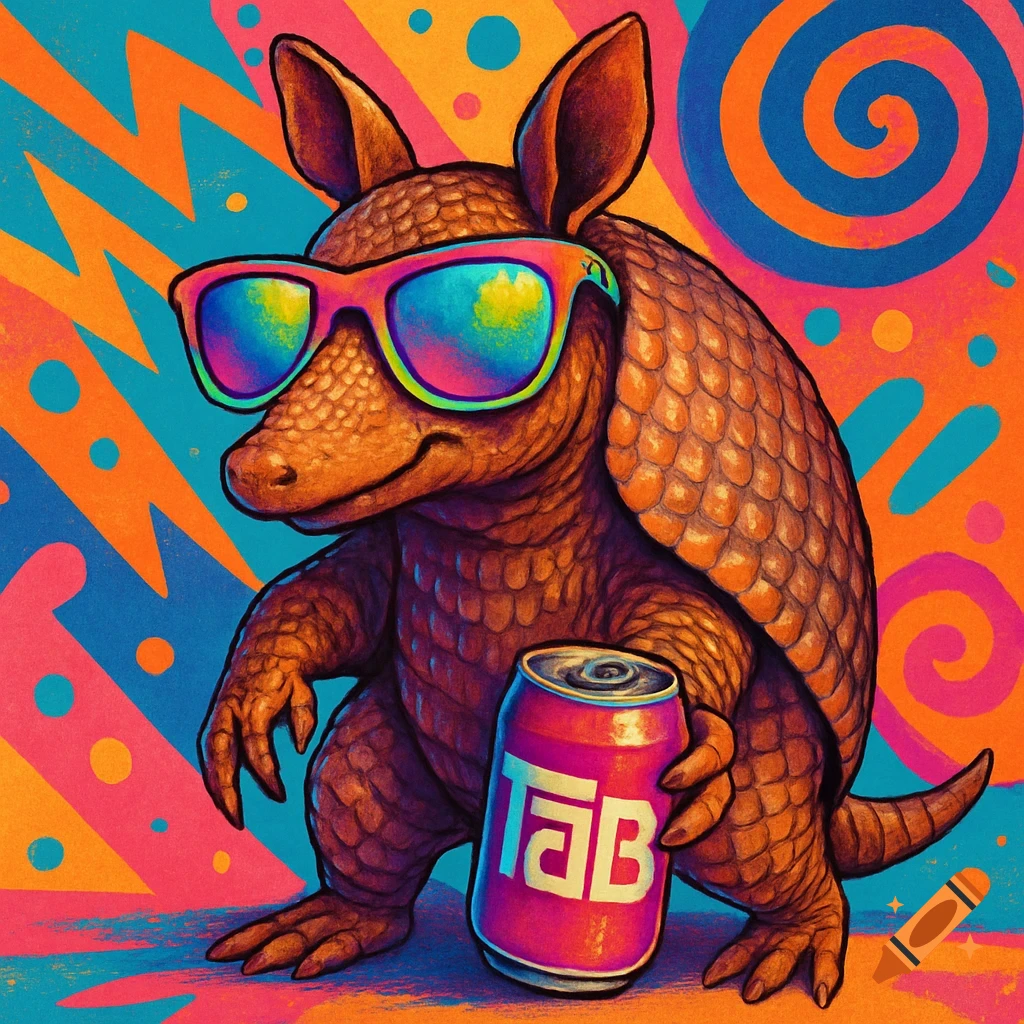 Bold graphic of an armadillo wearing rainbow sunglasses and holding a pink soda can with 'TaB' on it, against a vibrant, psychedelic background.