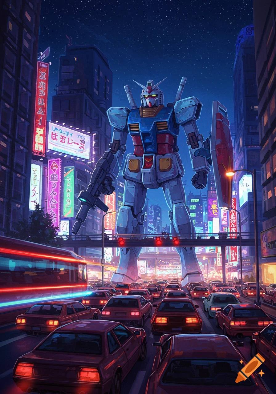 A large Gundam robot stands in the middle of a busy city street at night, surrounded by traffic, with neon signs and buildings.