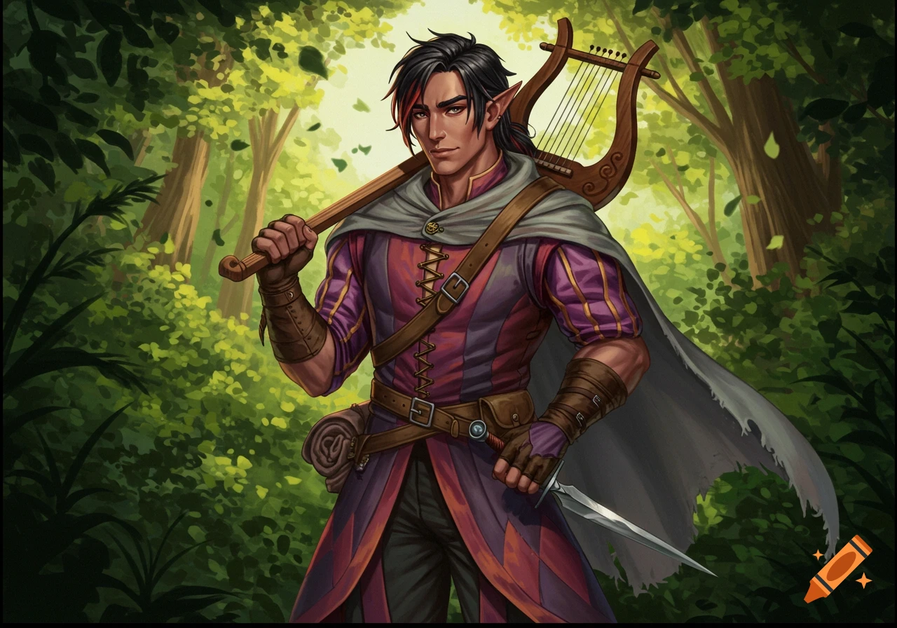 A fantasy digital painting of a dark-haired male half-elf in colorful minstrel clothing and a grey cloak, holding a lyre and dagger in a forest.