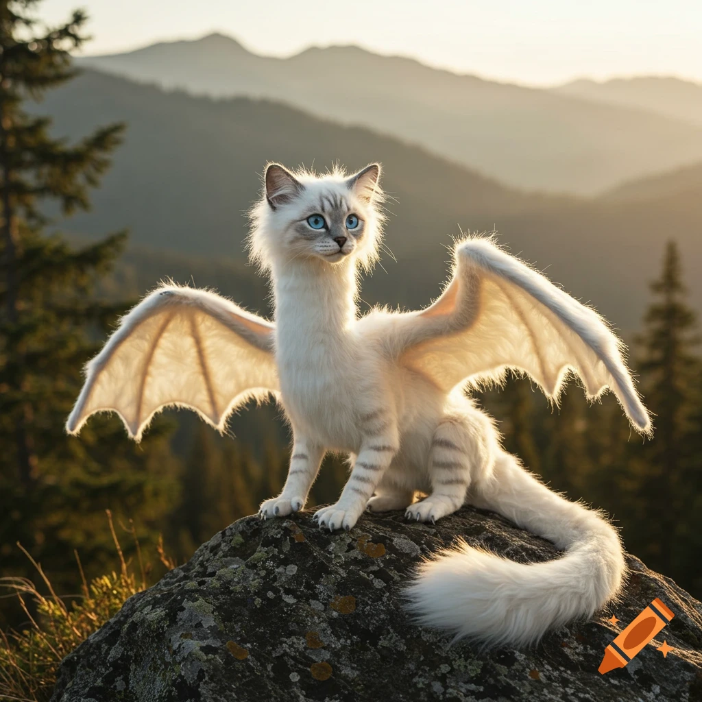 A photorealistic white furry cat with dragon wings and blue eyes sits on a rock in a mountain landscape at sunset.