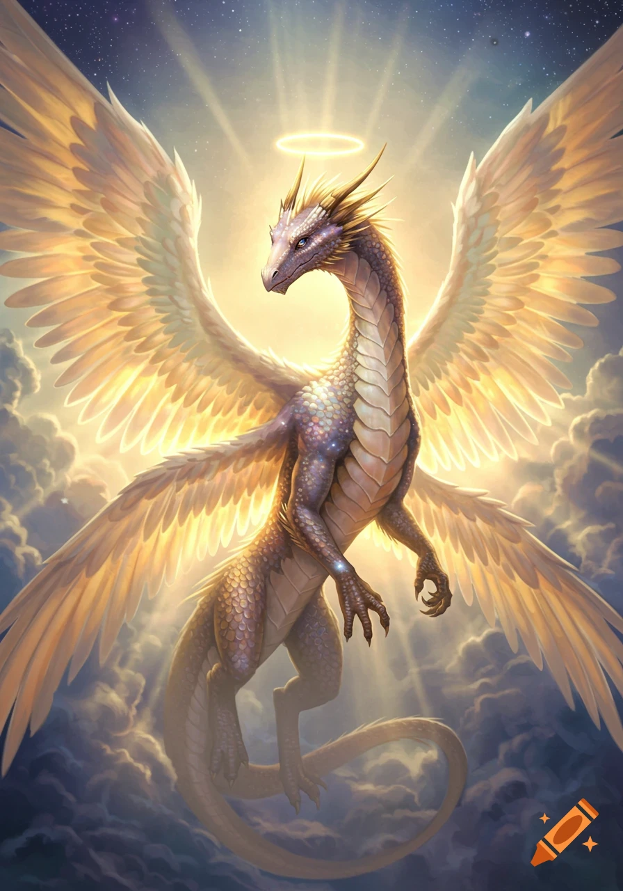 A majestic, detailed angelic dragon with large golden wings and a halo, standing among bright clouds with light rays in a starry sky.