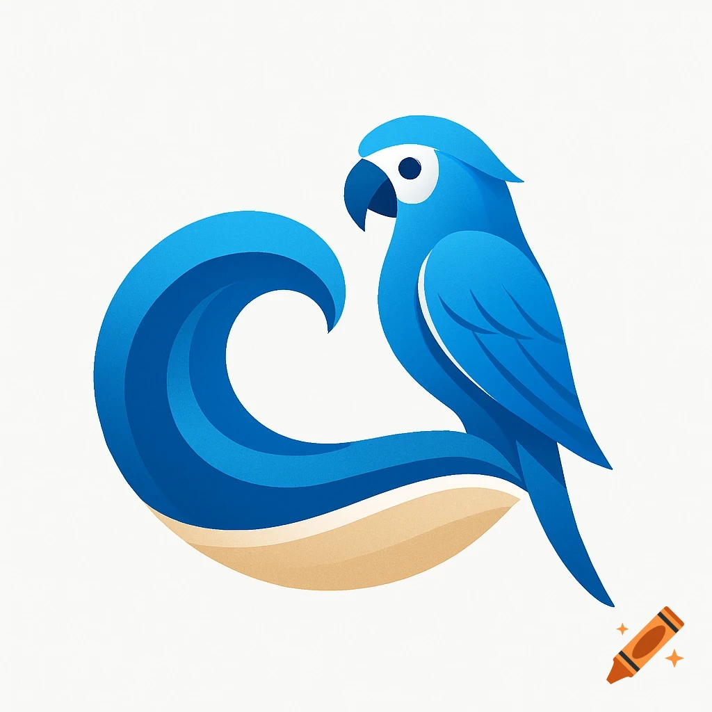 A minimalist logo of a blue parrot formed from a stylized ocean wave with a sandy beach base.