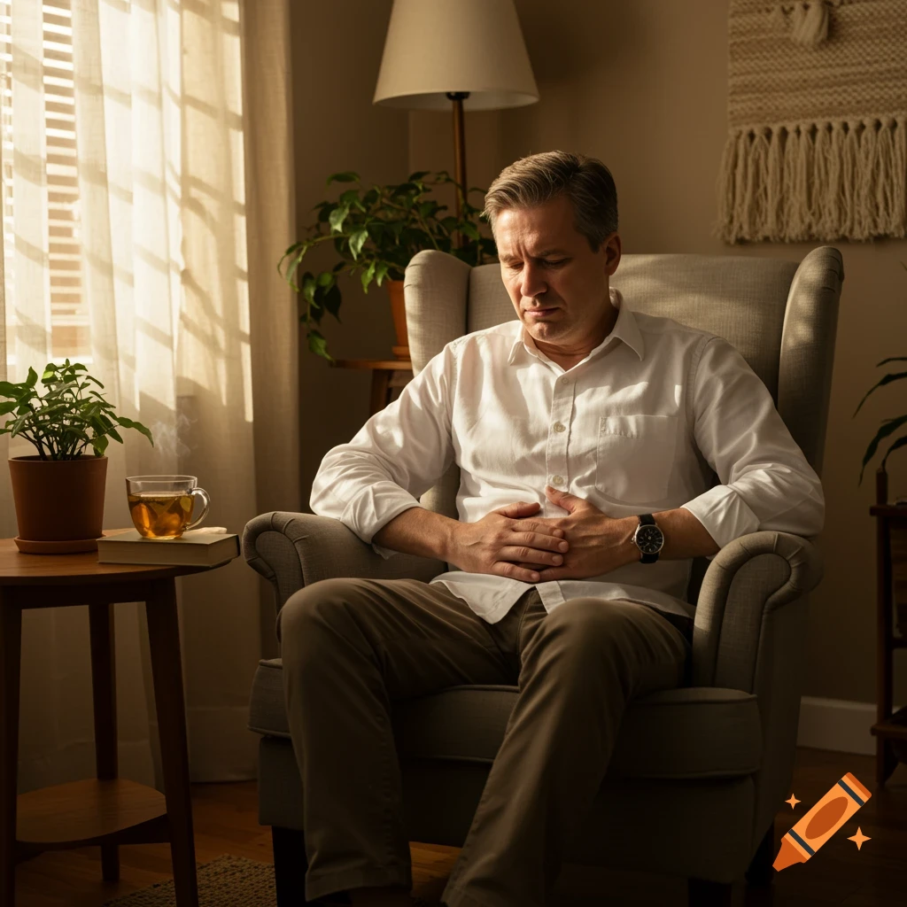 Photorealistic image of a man sitting in an armchair, holding his stomach in pain, with tea and a book nearby.