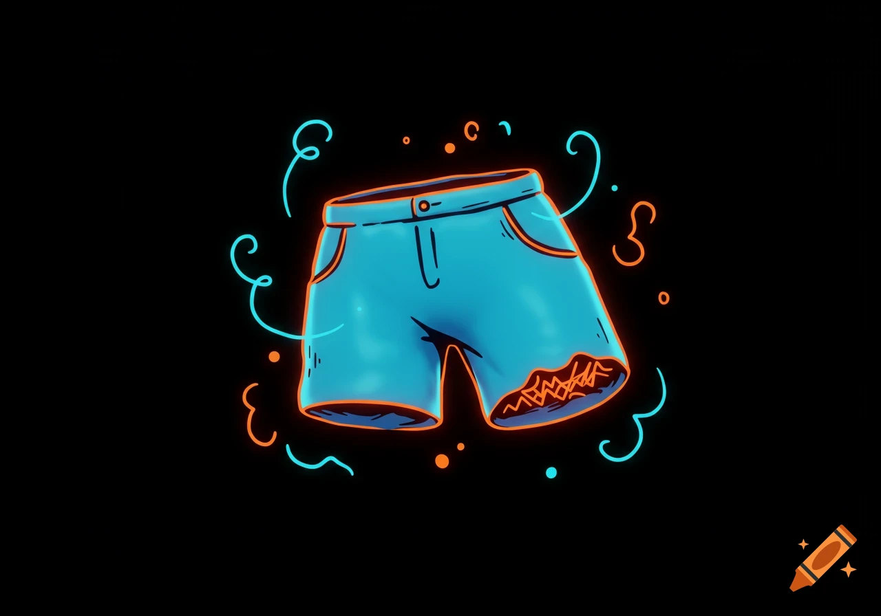 Cartoon blue shorts with an orange glow and a bite mark on one leg, surrounded by neon swirls on a black background.