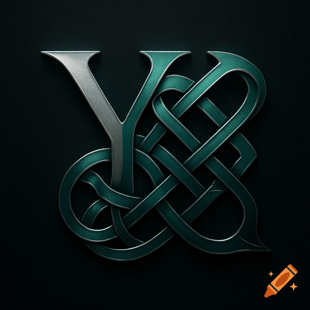Stylized silver 'Y' and teal 'K' intertwined in an ornate Celtic knot design on a dark background.