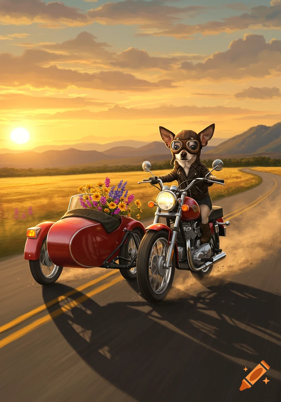 A cute chihuahua in a leather jacket and helmet rides a motorcycle with a red sidecar full of flowers on a winding road at sunset through golden fields.