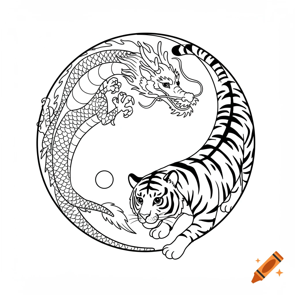 Black and white line art of a dragon and a tiger forming a yin-yang symbol.