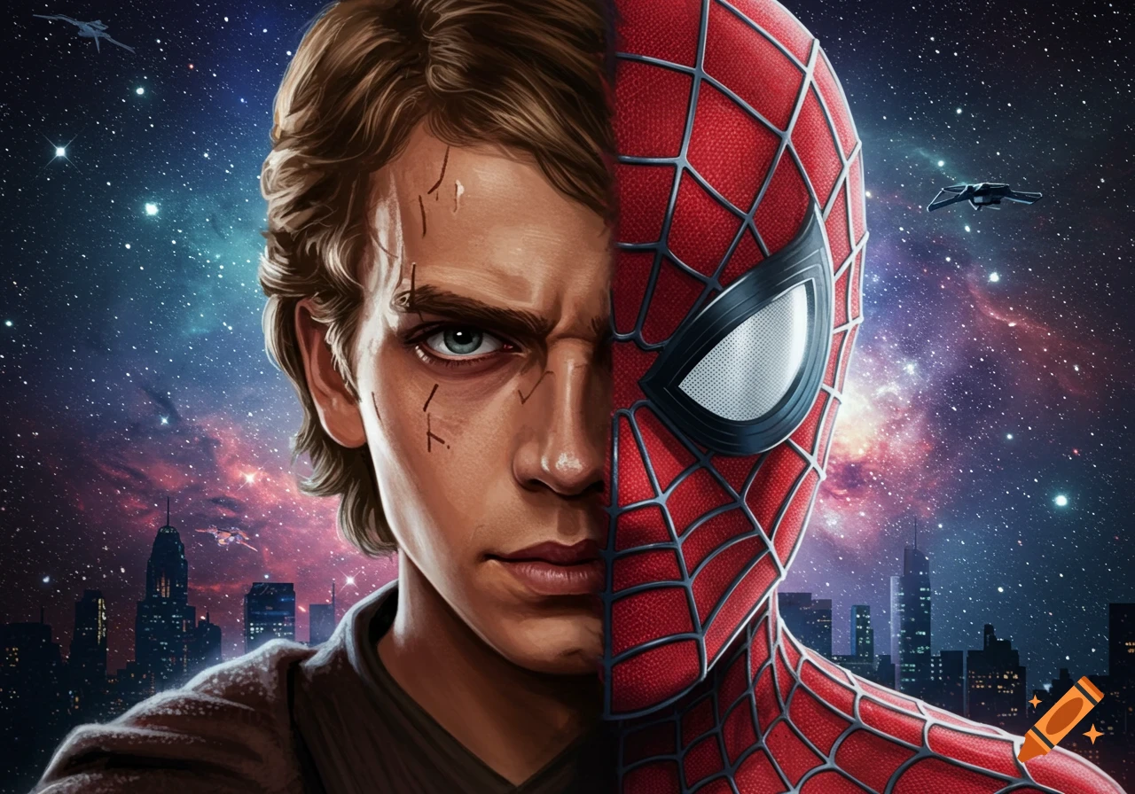 A digital painting of a split face, with Anakin Skywalker on the left and Spider-Man on the right, against a cosmic and city background.