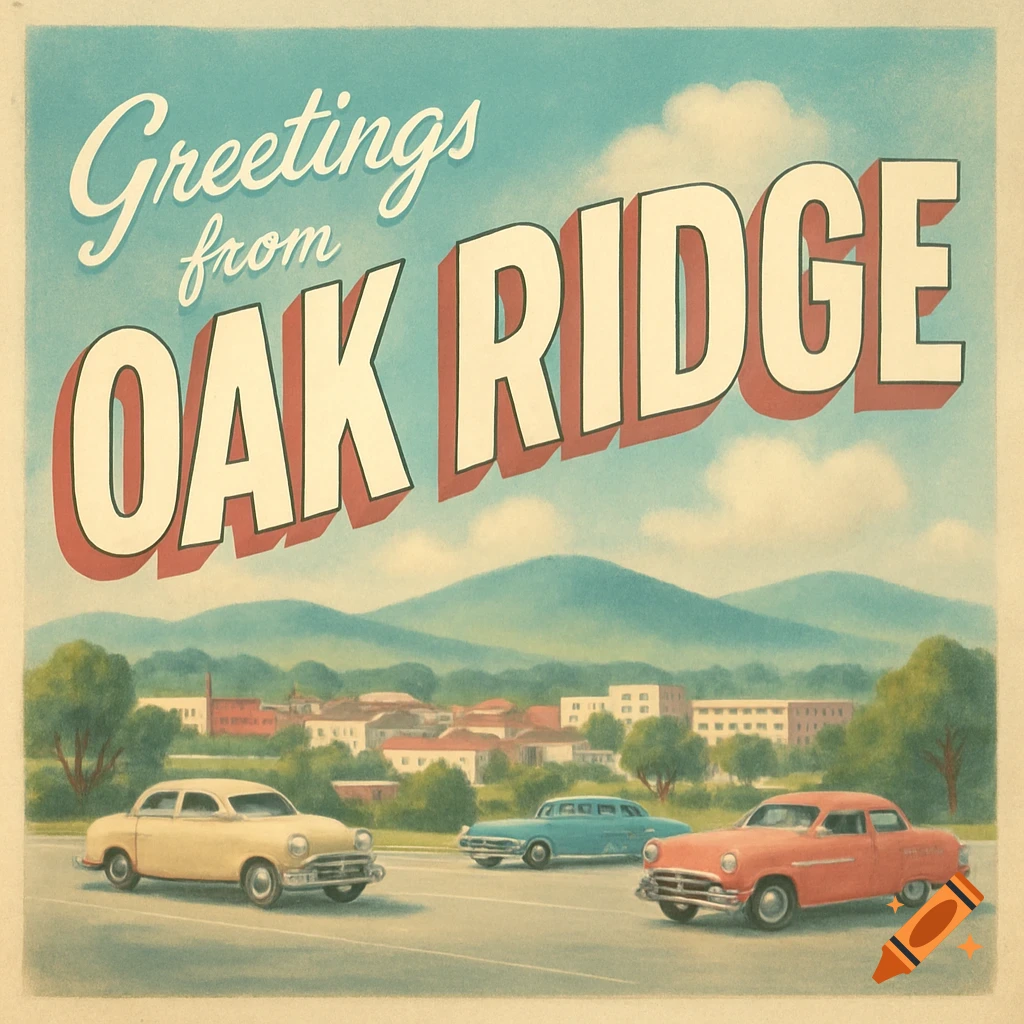A vintage postcard illustration with 1950s cars, buildings, and mountains, featuring 'Greetings from Oak Ridge' text.