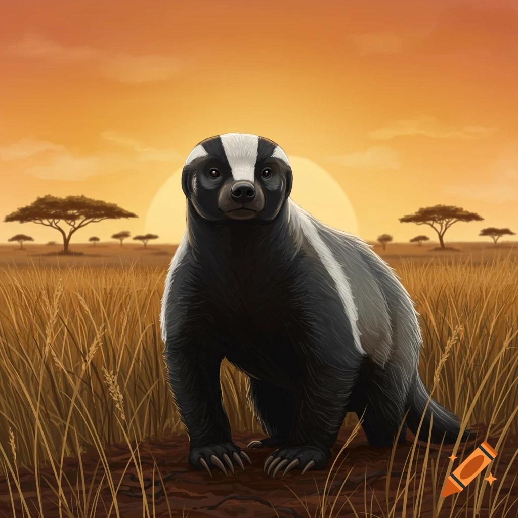 A badger stands in a field of tall grass with acacia trees and a large sun setting in the orange sky behind it.