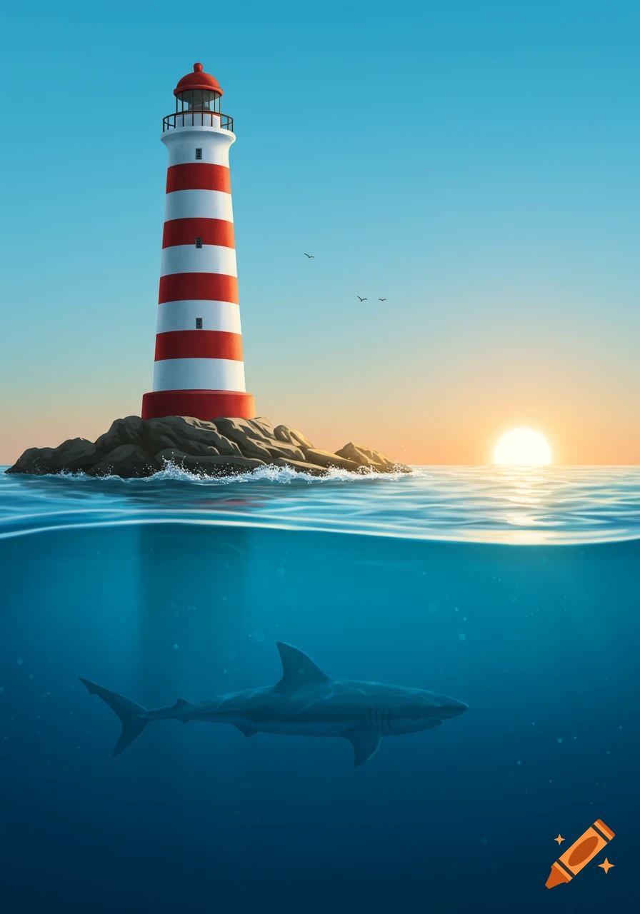 An illustration of a red and white lighthouse on a rocky island at sunset, with a shark visible underwater.