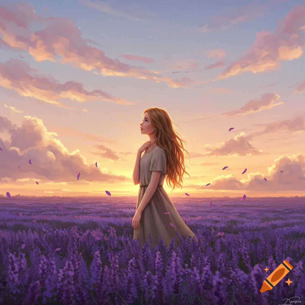 A digital painting of a girl with long hair in a purple lavender field at sunset, looking up at cloudy sky.