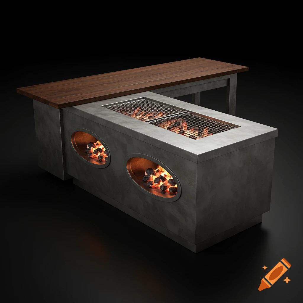 An L-shaped outdoor grill with a wooden table surface and built-in charcoal grates and oval coal beds.