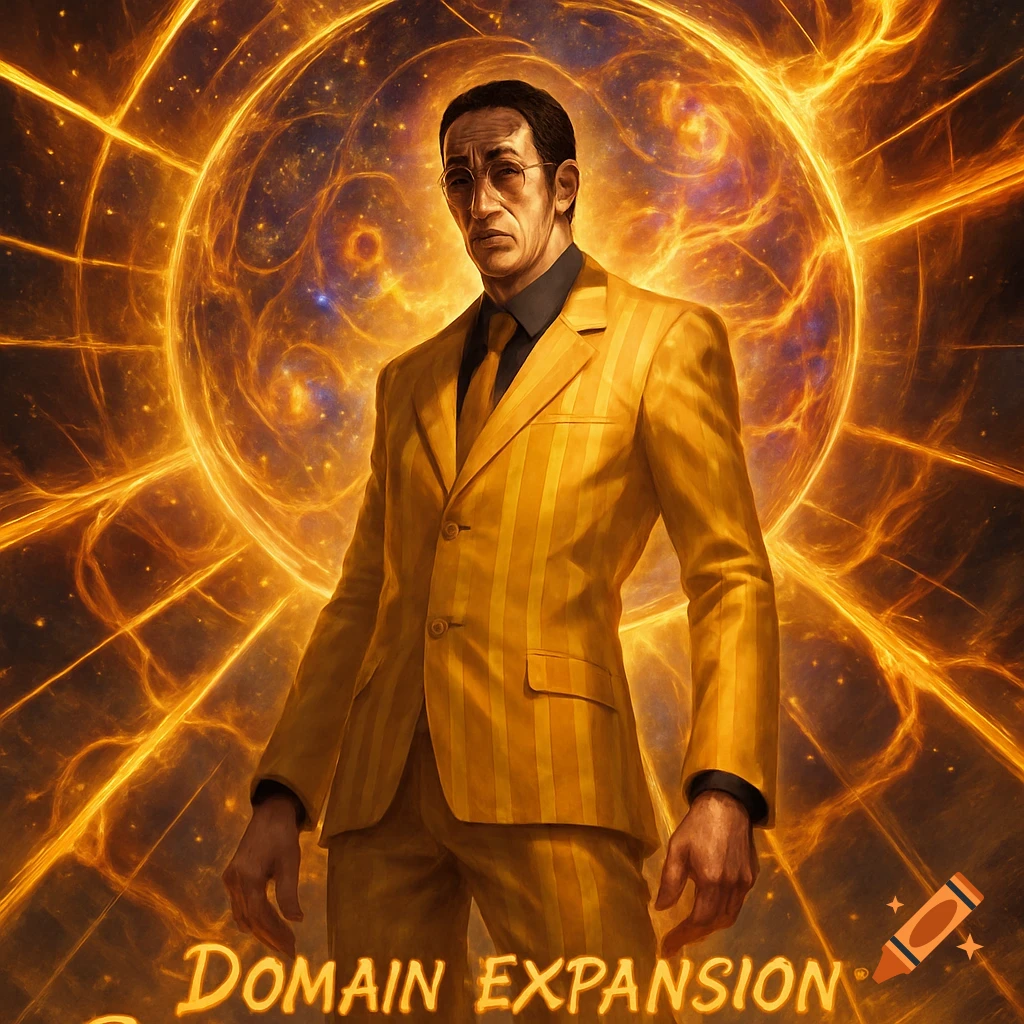 Kizaru from One Piece in a yellow pinstripe suit, standing against a swirling orange cosmic background, with "DOMAIN EXPANSION" text at the bottom.