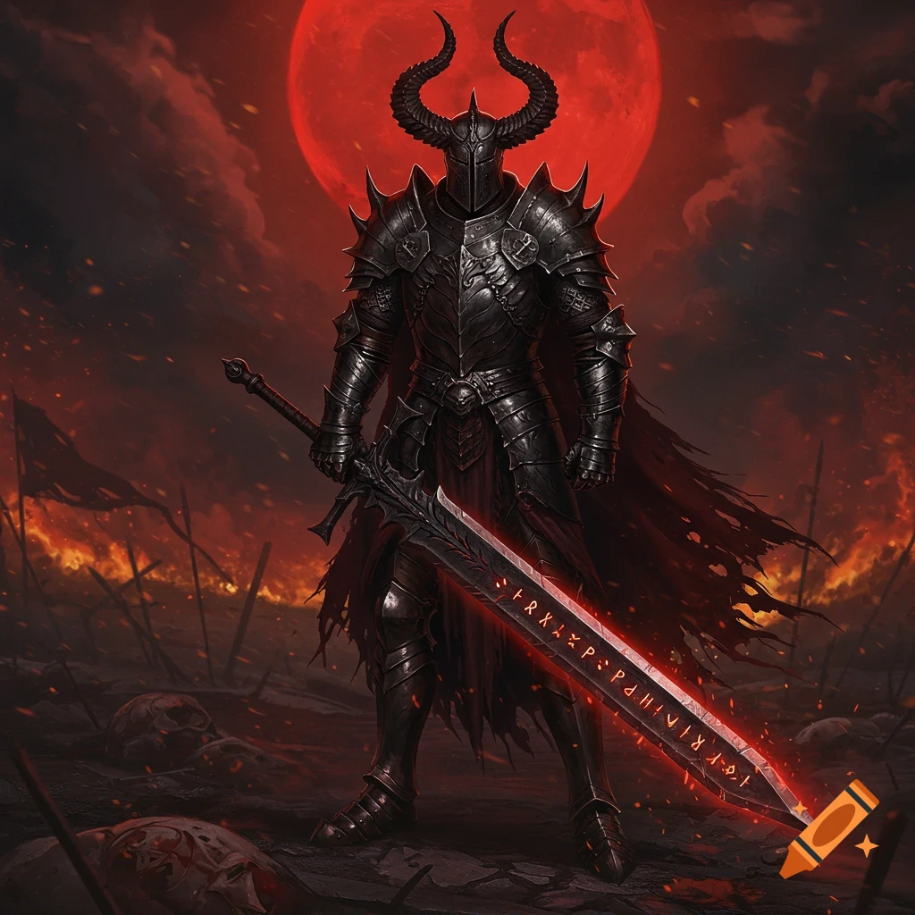 A horned knight in black armor holds a glowing runic sword under a blood-red moon in a fiery, desolate landscape.