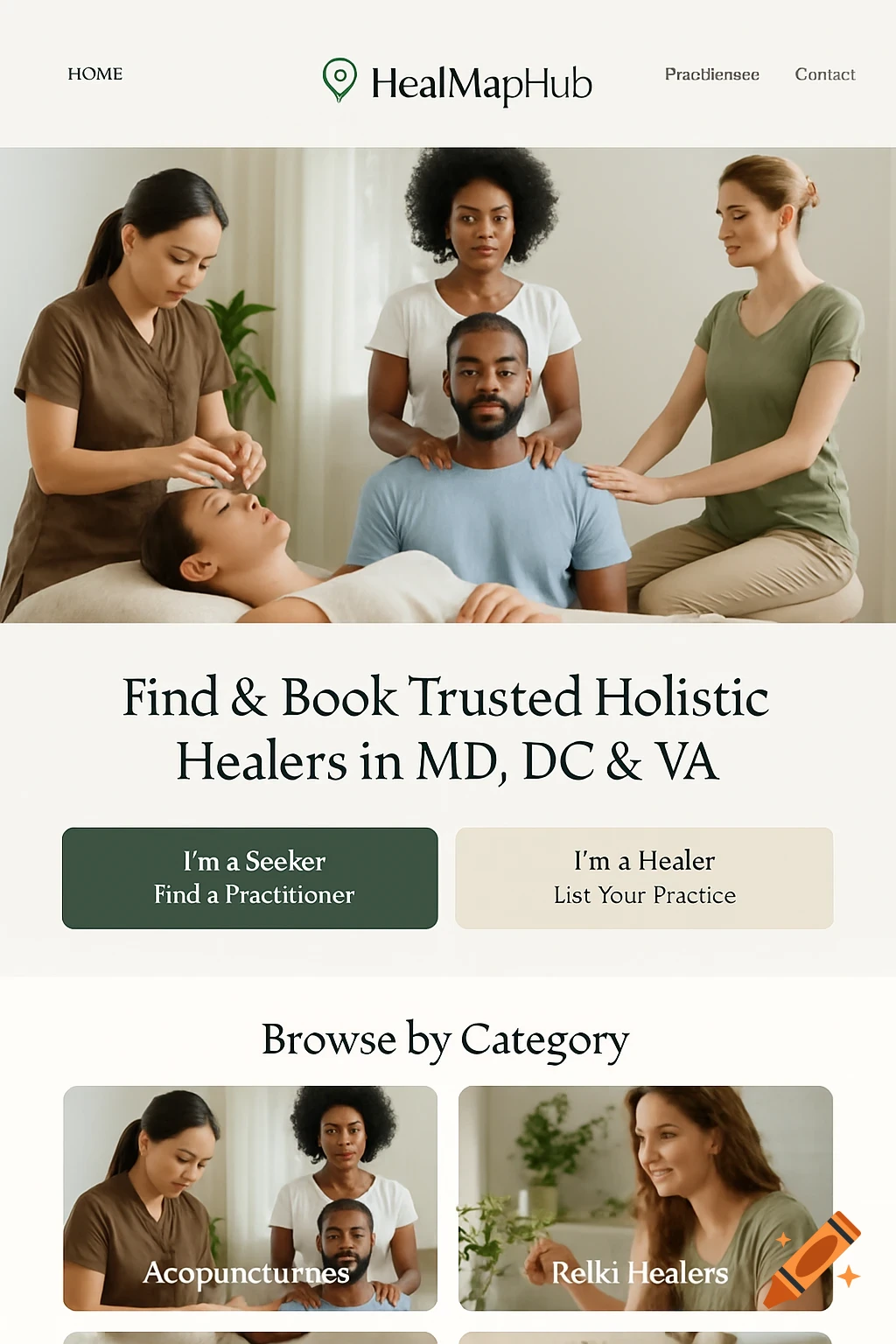 A photorealistic webpage design for HealMapHub featuring a hero image of diverse people receiving holistic treatments, navigation links, and categorized healing services.